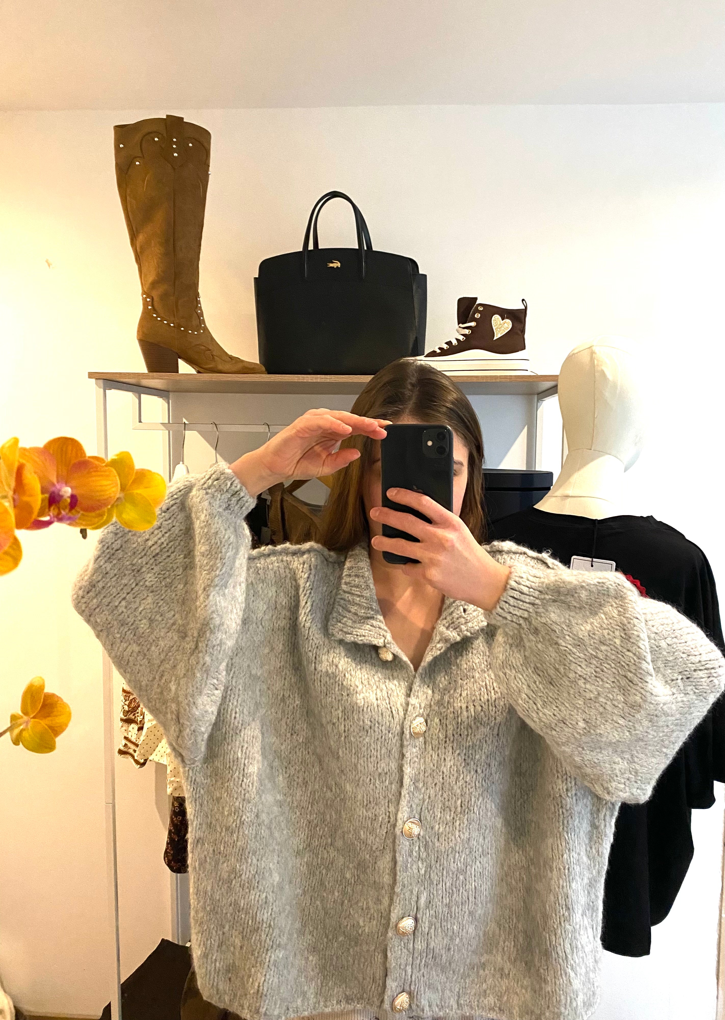 Cardigan oversize à bouton doré GRIS